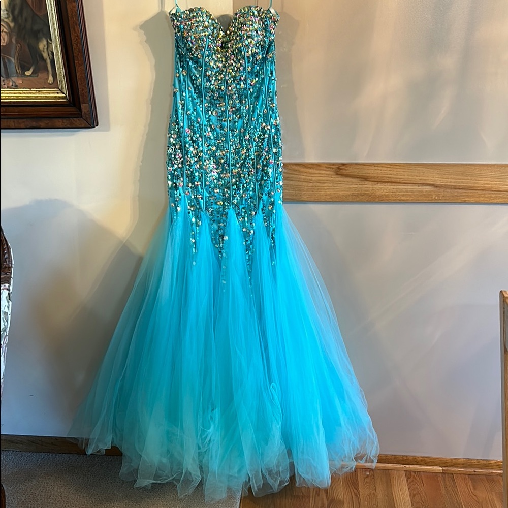 Sparkling Blue sequin Strapless Prom dress Gown 6 Sean Couture gorgeous